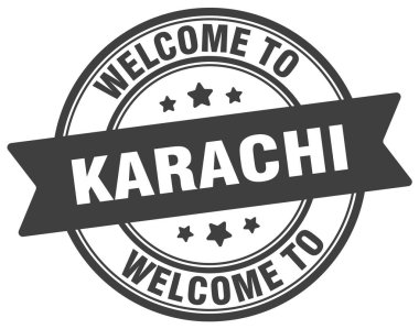 Karachi puluna hoş geldiniz. Beyaz arkaplanda Karachi yuvarlak işareti