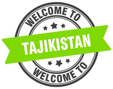 Tacikistan puluna hoş geldiniz. Beyaz arkaplanda Tacikistan yuvarlak işareti izole edildi