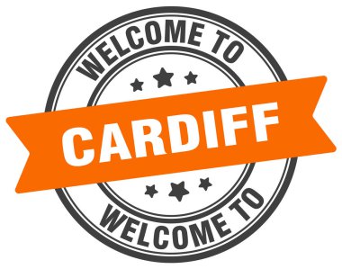 Cardiff puluna hoş geldiniz. Cardiff yuvarlak işareti beyaz arkaplanda izole edildi