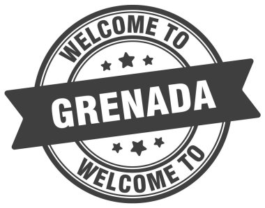 Grenada puluna hoş geldiniz. Beyaz arkaplanda Grenada yuvarlak işareti izole