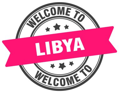 Libya damgasına hoş geldiniz. Libya yuvarlak işareti beyaz arkaplanda izole edildi