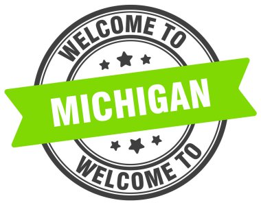 Michigan puluna hoş geldiniz. Michigan yuvarlak işareti beyaz arkaplanda izole