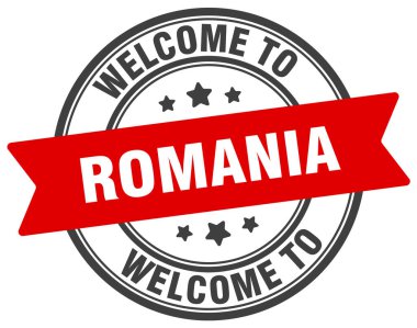Romanya puluna hoş geldiniz. Romanya yuvarlak işareti beyaz arkaplanda izole