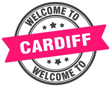 Cardiff puluna hoş geldiniz. Cardiff yuvarlak işareti beyaz arkaplanda izole edildi