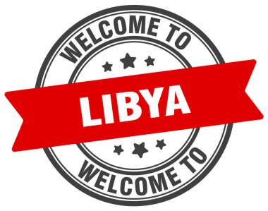 Libya damgasına hoş geldiniz. Libya yuvarlak işareti beyaz arkaplanda izole edildi