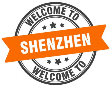 Shenzhen puluna hoş geldiniz. Shenzhen yuvarlak işareti beyaz arkaplanda izole edildi