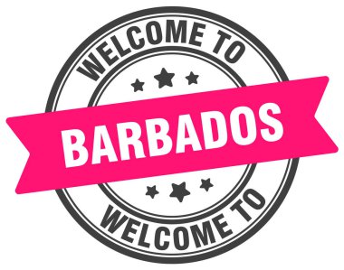 Barbados puluna hoş geldiniz. Beyaz arkaplanda izole edilmiş Barbados yuvarlak işareti