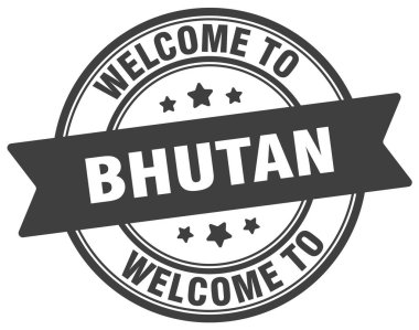 Butan puluna hoş geldiniz. Bhutan yuvarlak işareti beyaz arkaplanda izole edildi