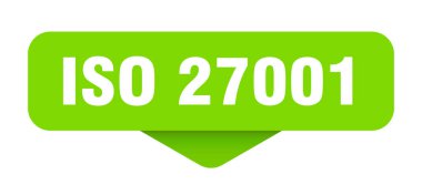 Iso 27001 çıkartması. Şeffaf arkaplanda iso 27001 işareti var. dikdörtgen düğme