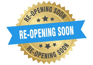 re-opening soon round blue and gold label isolated on transparent background. re-opening soon clipart