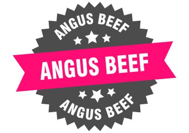 Şeffaf arka planda, Angus sığır eti yuvarlak pembe etiketi. angus eti.