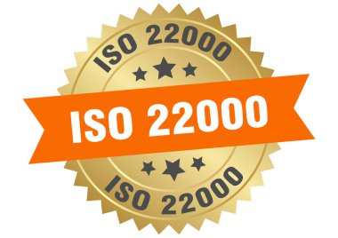 Iso 22000 yuvarlak turuncu ve altın etiketi şeffaf arka planda izole edildi. izo 22000