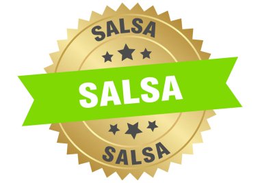 Yeşil salsa sosu ve şeffaf arka planda izole edilmiş altın etiketi. Salsa sosu