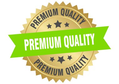 Birinci kalite yuvarlak yeşil ve altın etiketi şeffaf arka planda izole edilmiş. premium kalite