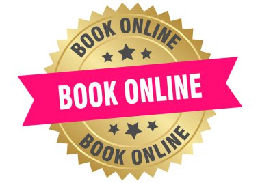 Çevrimiçi pembe ve altın etiketli kitap şeffaf arka planda izole edilmiş. kitap online