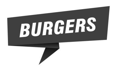 Hamburger pankartı. Hamburgerler konuşma balonu, etiket, etiket, kurdele, imza şablonu