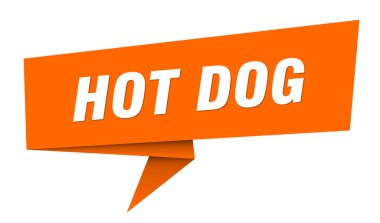 Sosisli sandviç afişi. hot dog konuşma balonu, etiket, etiket, kurdele, imza şablonu