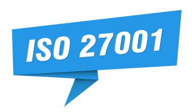 Iso 27001 afişi. izo 27001 konuşma balonu, etiket, etiket, kurdele, imza şablonu