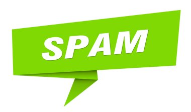 Spam pankartı. Çöp posta konuşma balonu, etiket, etiket, kurdele, imza şablonu