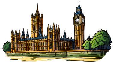 Londra 'daki Westminster Sarayı. Westminster Sarayı 'nın Vektör çizgi romanı.