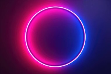 Neon dairesi. Kopya alanı ile parlayan yüzük. Mavi ve pembe neon ışıklı yuvarlak çerçeve