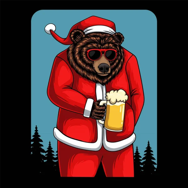 Bärenkopf Trägt Kostüm Weihnachtsmann Trinken Bier Vektor Illustration — Stockvektor