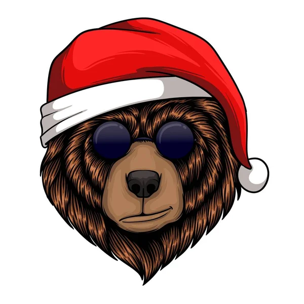 Niedźwiedź Głowa Noszenie Boże Narodzenie Santa Kapelusz Wektor Ilustracja — Wektor stockowy