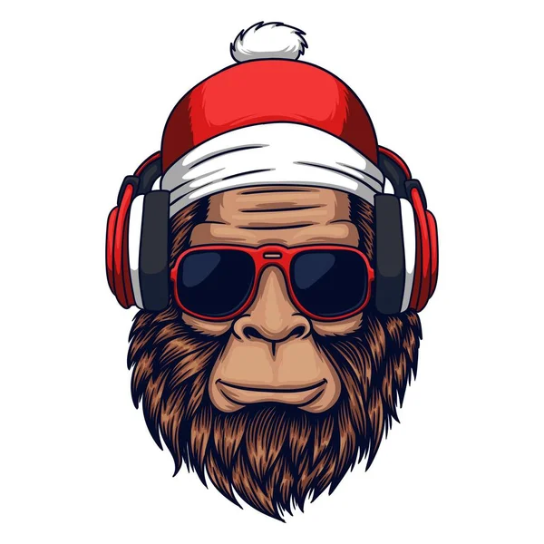 Bigfoot Head Season Christmas Wearing Headphone Vector Illustration — Stock Vector