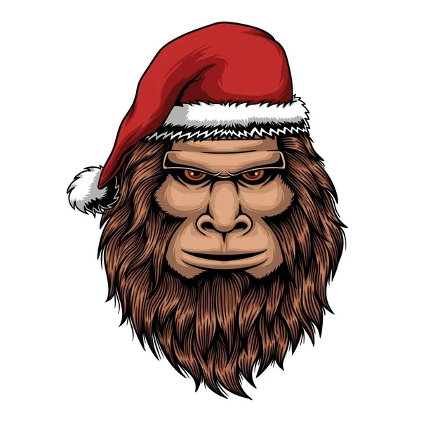 Bigfoot Kopf Trägt Weihnachtsmannhut Vektor Illustration — Stockvektor