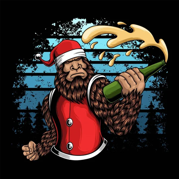 Bigfoot Hält Eine Bierflasche Saison Weihnachtsvektor Illustration — Stockvektor