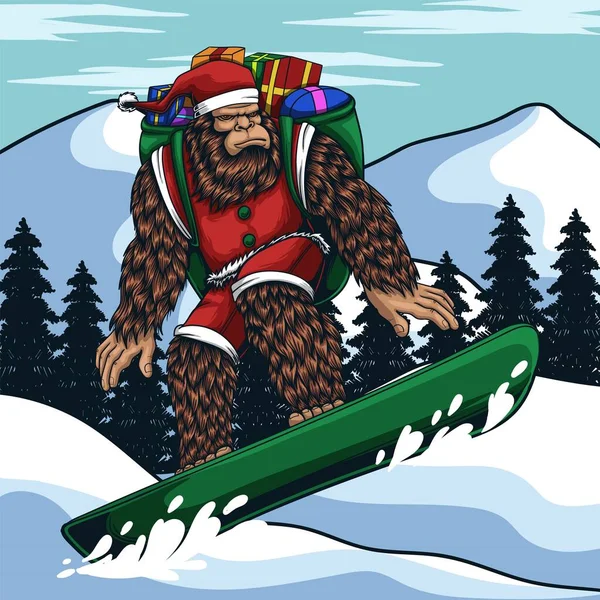 Bigfoot Spielt Snowboard Vektor Illustration — Stockvektor
