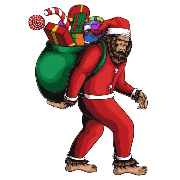 Bigfoot Costume Marche Santa Transporter Sac Cadeau Illustration Vectorielle — Image vectorielle