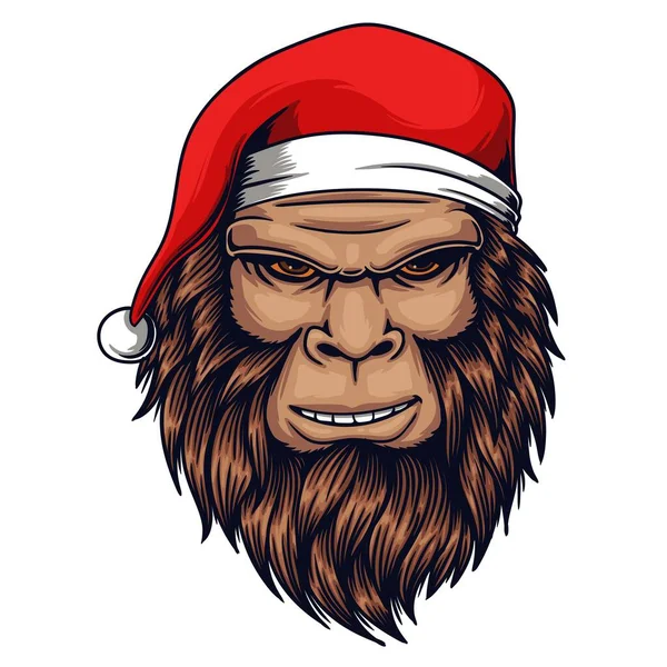 Bigfoot Head Smile Trägt Weihnachtsmann Hut Vektor Illustration — Stockvektor