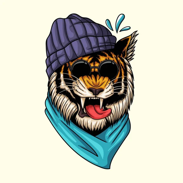 Tigerkopf Mit Mütze Und Bandana Vektor Illustration — Stockvektor