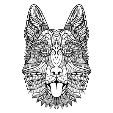 German shepherd dog head mandala zentangle coloring page illustration