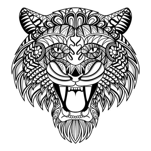 Gambar Halaman Warna Kepala Harimau Yang Marah Mandala Zentangle - Stok Vektor