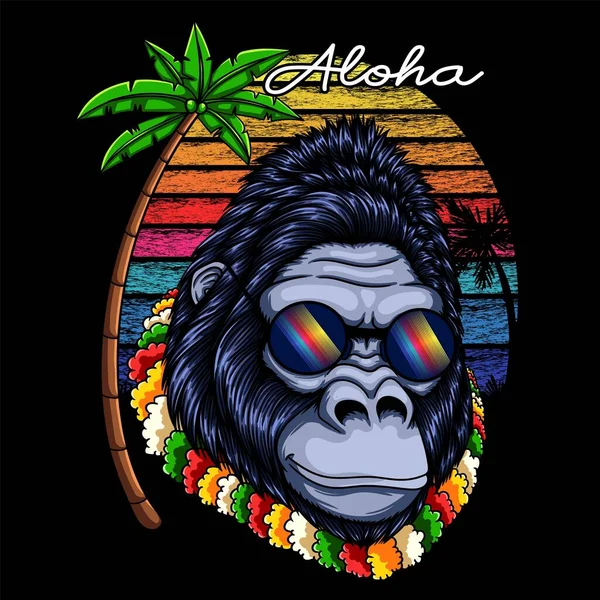 Gorilla Aloha Dragen Bloem Ketting Retro Vector Illustratie — Stockvector
