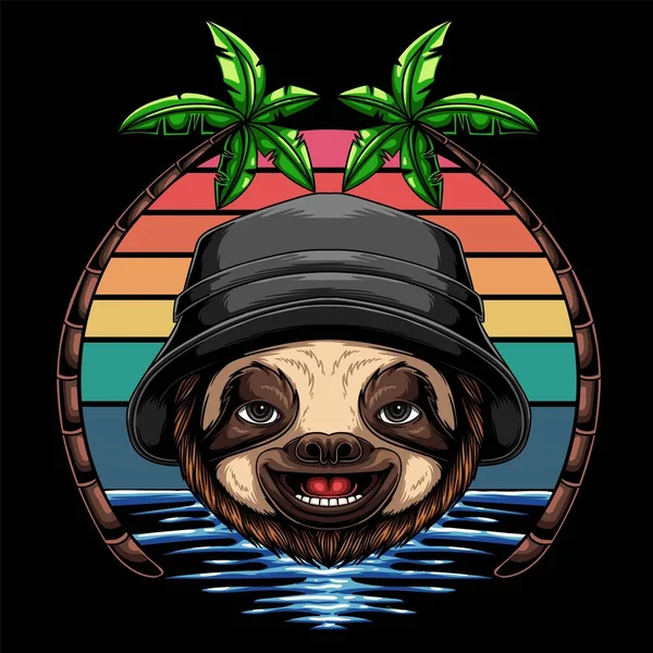 Sloth Glimlach Dragen Emmer Hoed Retro Vector Illustratie — Stockvector
