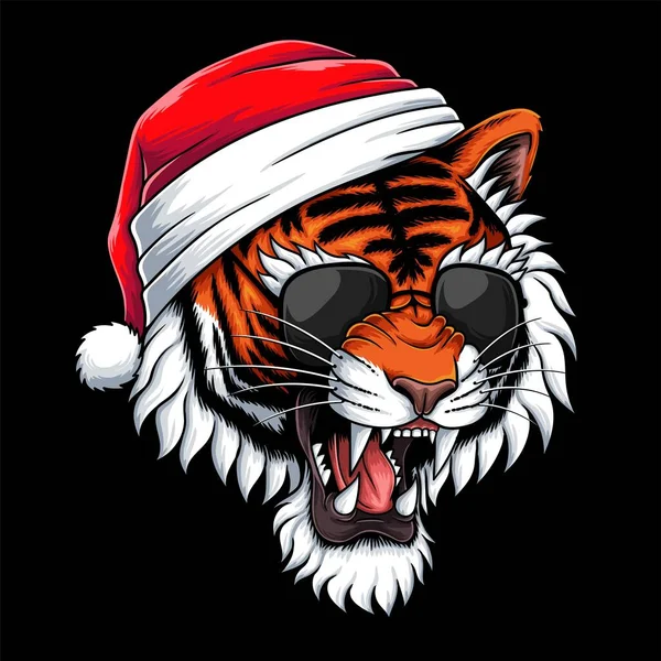 Tigerkopf Mit Weihnachtsmütze Und Brille — Stockvektor