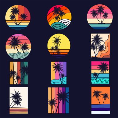 Vintage retro palmiye ağacı siluet kümesi koleksiyonu