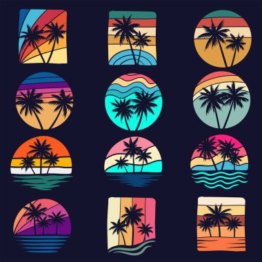 Vintage retro palmiye ağacı siluet kümesi koleksiyonu