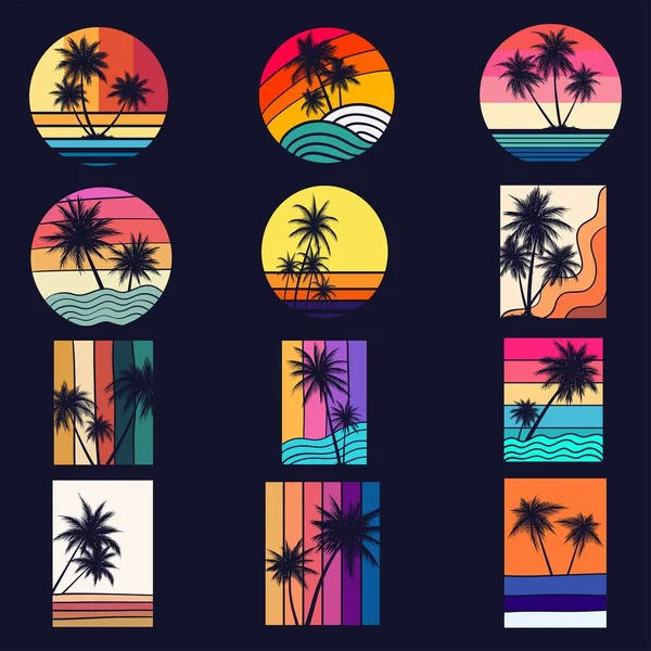 Vintage retro palmiye ağacı siluet kümesi koleksiyonu