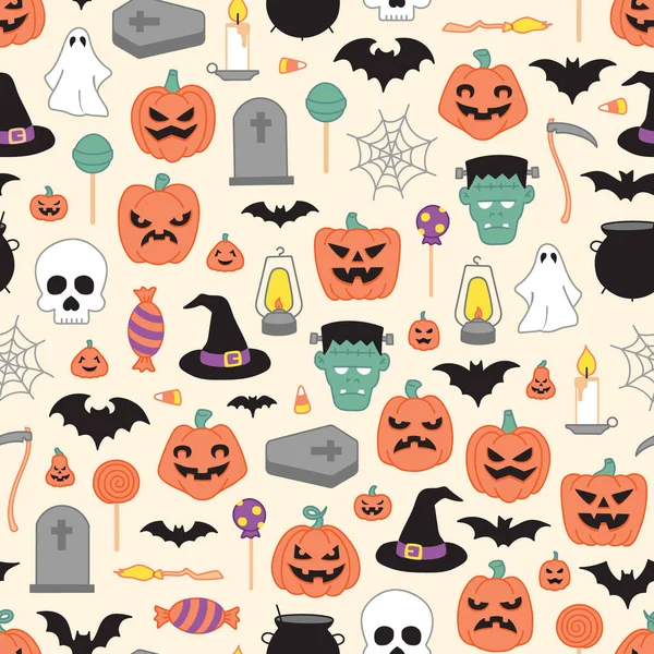 Sfondo Colorato Doodle Senza Soluzione Continuità Con Icone Tema Halloween — Vettoriale Stock