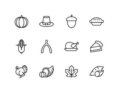 Sonbahar ikonlarıyla Şükran Günü çizgisi simgesi seti