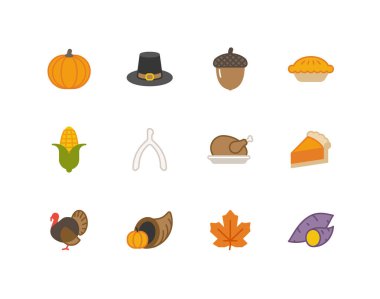 Sonbahar simgeleriyle Şükran Günü düz renk simgesi seti
