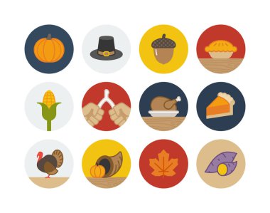 Sonbahar ikonlarıyla Şükran Günü rozet simgesi seti
