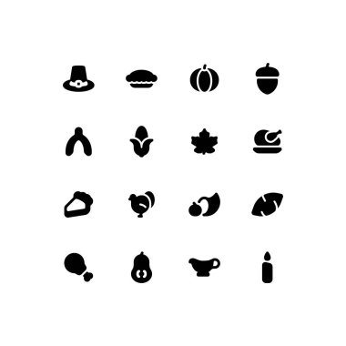 Sevimli şükran günü, sonbahar ikonları içeren katı kabartma simgesi seti