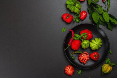 Yeşil ve kırmızı kurdeleli domates, Amerikan ya da Floransa usulü. Olgun sebzeler, acı biber, taze defne yaprakları. Modaya uygun sert ışık, koyu gölge, taş beton zemin, düz zemin, üst manzara