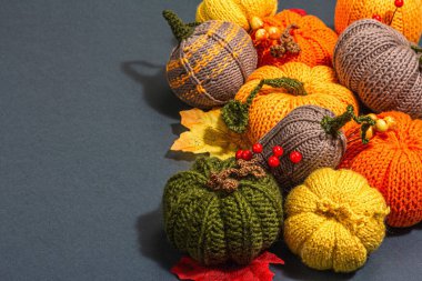 Geleneksel sonbahar geçmişi. Örgü balkabağı, el yapımı konsept. Moda sabit ışık, koyu gölge, düz yatış, mat gri arkaplan, kopyalama alanı