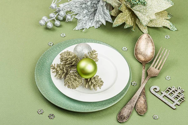 Christmas Table Setting Empty Ceramic Plates Traditional Accessories Trendy Savannah — Stock Photo, Image